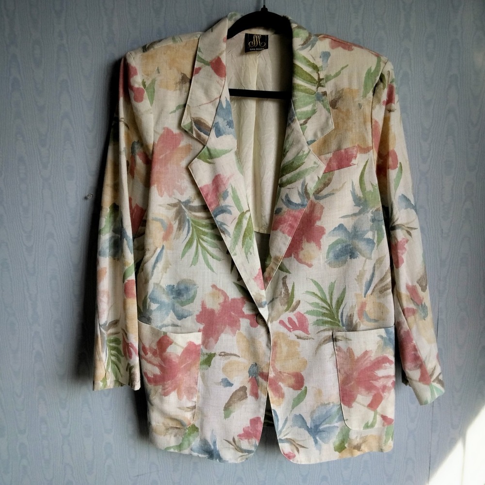 Vintage Women's Large San Moire Floral Flax Blend Jacket Blazer Ivory‎ Pastel